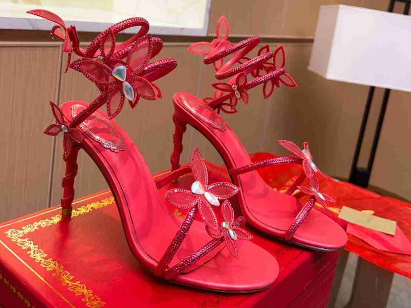 RealFine888 Sandaler 5A 5730370 RC Renecaovila Margot Crystal 9,5 cm höga klackar Sandal tofflor Fashion Shoes for Women Storlek 35-42