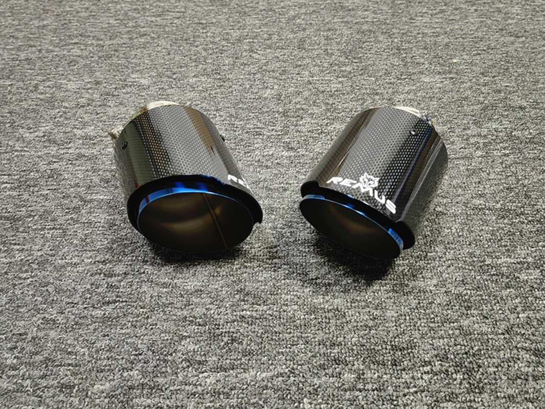 Glossy Carbon Fiber Exhaust Pipe Muffler Tips with REMUS Logo Blue Steel Car Exhaust System