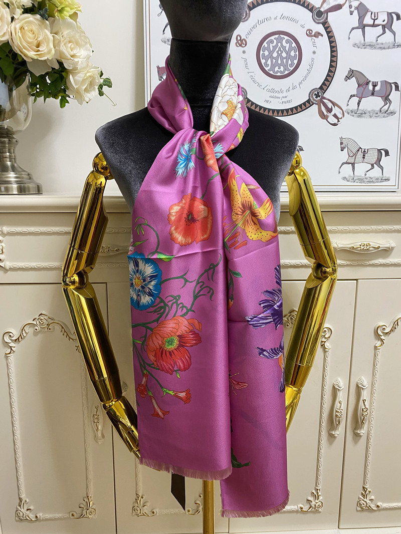 Écharpe longue pour femmes foulards double couche 100% soie sergé matière fine et douce impression lettre fleurs motif taille 180cm -26cm