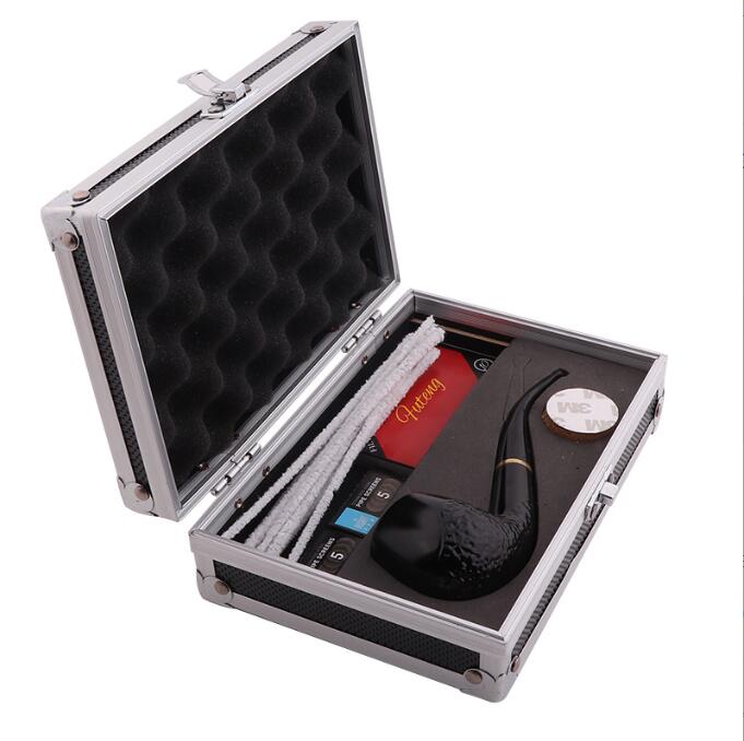 Massives schwarzes Holz-Ebenholz-Handtabak-Zigaretten-Rauchrohr-Set mit Reinigungsmesser, Filteretui, Netz-Geschenkbox, Werkzeugzubehör