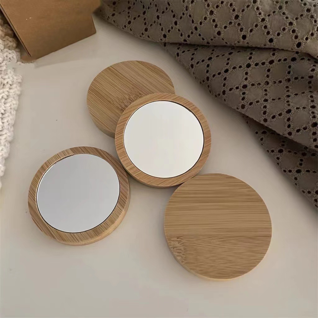 100 pièces cadeau de faveur de fête de mariage bois bambou petit rond Portable miroir de poche en bois Mini miroirs de maquillage Logo personnalisé #