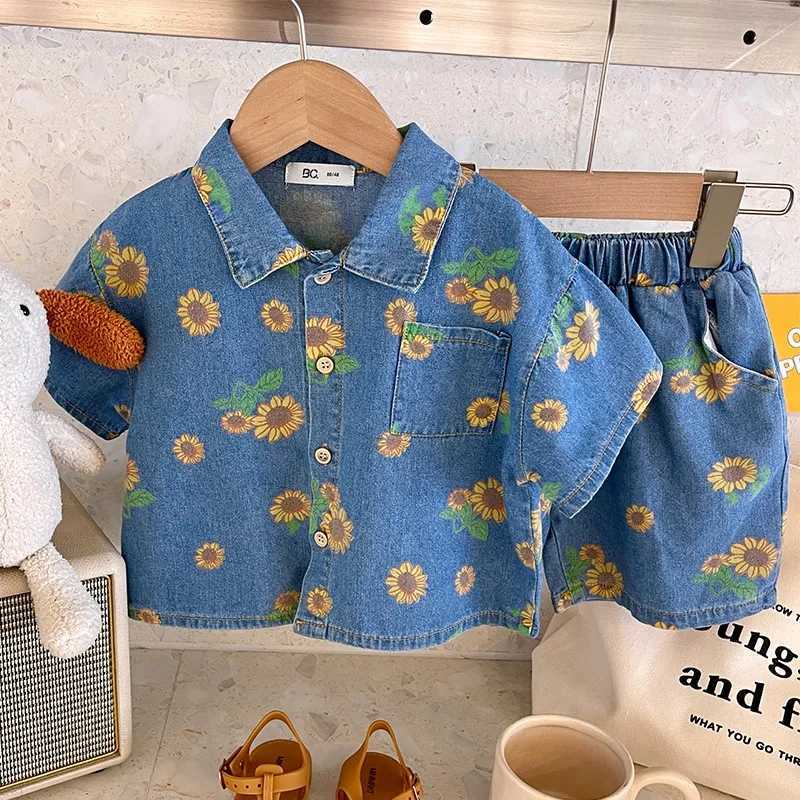 Ensembles de vêtements d'été pour enfants, chemises en Denim, manches courtes et Shorts, imprimé marguerite, deux pièces, décontractés, amples, pour garçons et filles