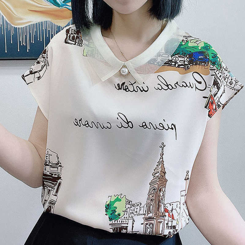 Women's T-Shirt Women's T-shirt Summer Short Sleeve Blouse Turn-down Collar V-Neck Diamonds Letter Building Printing Stylish Elegant Tops P230510