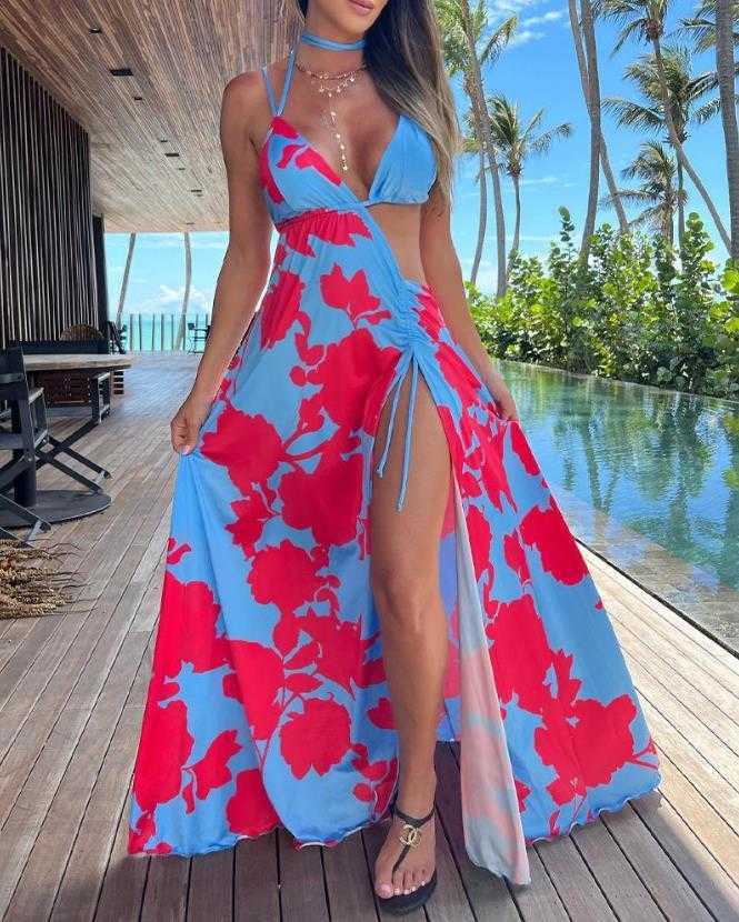 Abiti da festa Abiti eleganti Donna Sexy senza maniche Stampa floreale Ritaglio Backless Drstring Alta fessura Maxi abito 2023 Summer Beach Vacation Y23