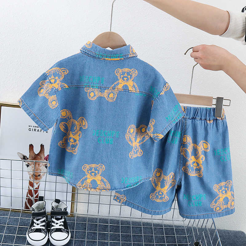 Kledingsets Kid Boy Summer Cleren Bear Print denim shirt shorts en jeans jas boven broekpak kinderen trainingspakken y23