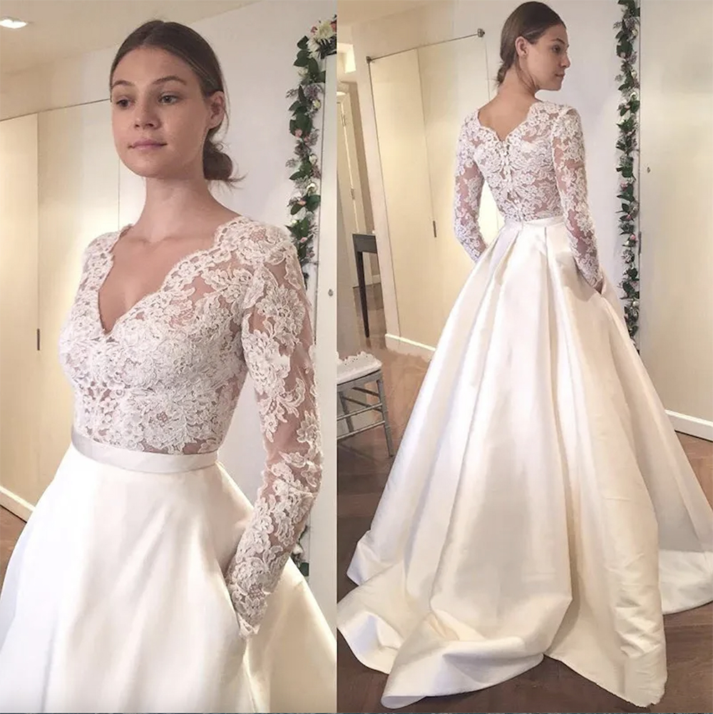 Vit Appliced ​​Spets Wedding Dresses Sexig Deep V-ring-illusion Långärmar A-Line Bröllopsklänningar Brudklänning