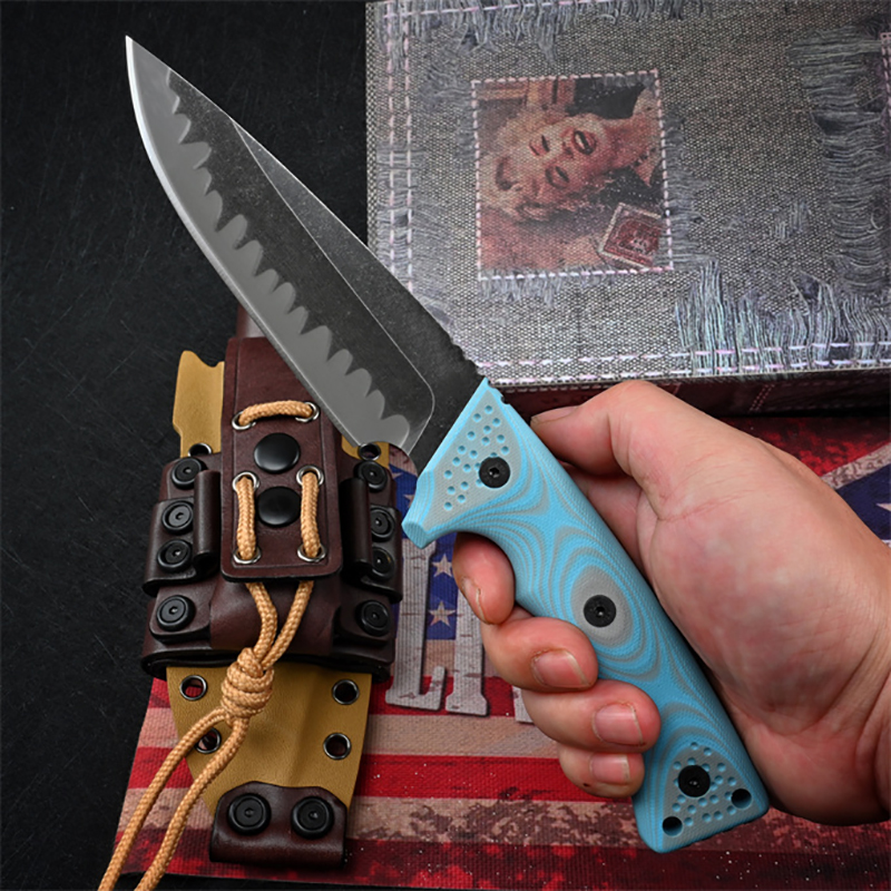 High Quality M35 Strong Survival Straight Knife Z-wear Stone Wash Drop Point Blade Full Tang Blue G10 Handle Outdoor Fixed Blade Tactical Knives with Kydex