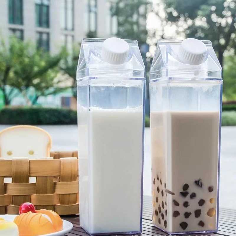 500/1000ml Milk Carton Water Bottle Creative Milk Bottle Drinking Cup Plastic Portable Clear Box Milk Storage Juice Tea Bottle