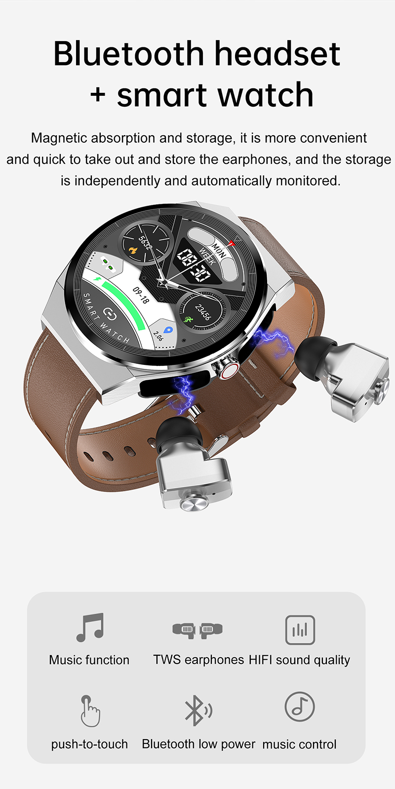 شاشة تعمل باللمس الكاملة 2 في 1TWS سوار سماعات رأس Bluetooth Smartwatch Sport Litness Watches Smart Android IOS معدل ضربات القلب أوكسيجين Reloj Inteligente Mujer