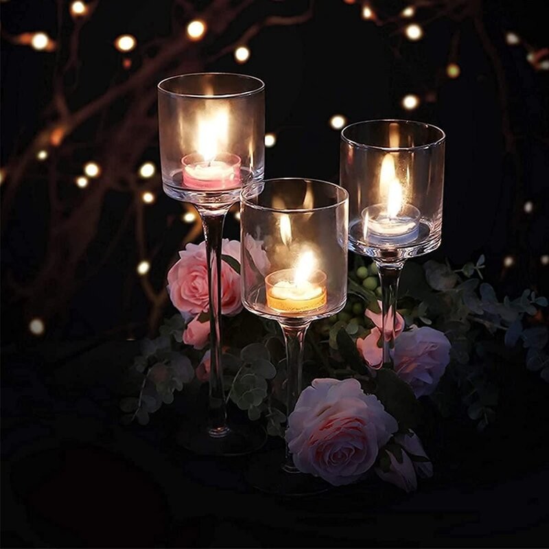 Vidro transparente haste longa cristal tealight flutuante castiçais altos conjunto de 3 tamanhos peça central de mesa para decoração de casa de casamento