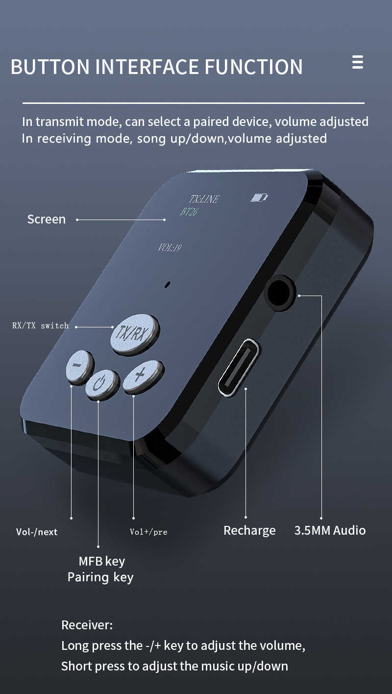 T5.0 Bluetooth-mottagare sändare 2 i 1 med skärmdisplayen Bluetooth Musikmottagare ombord Bluetooth-adapter