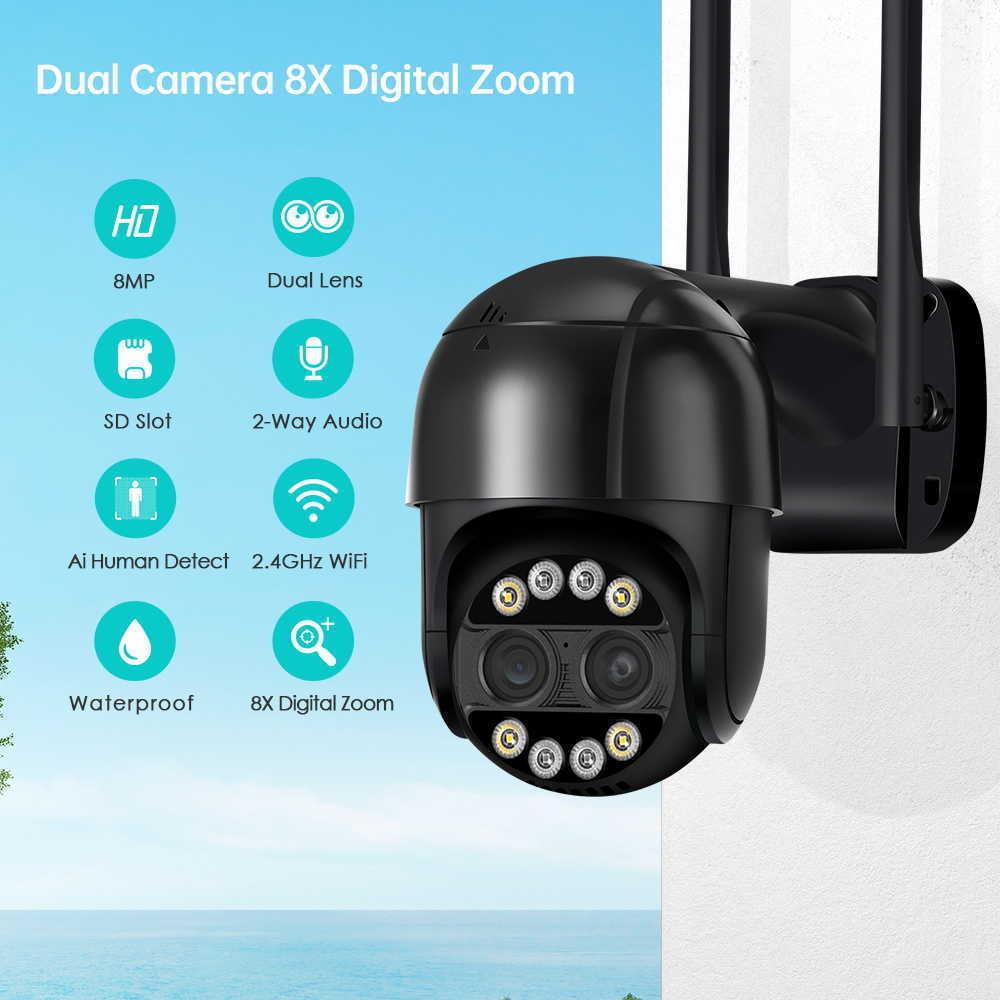 Câmeras de placa Besder 8MP 4K Câmera IP IP 8x Zoom Dual-lente Humano Detectar Câmera CCTV 4MP Smart Home Outdoor Wi-Fi Câmera de vigilância