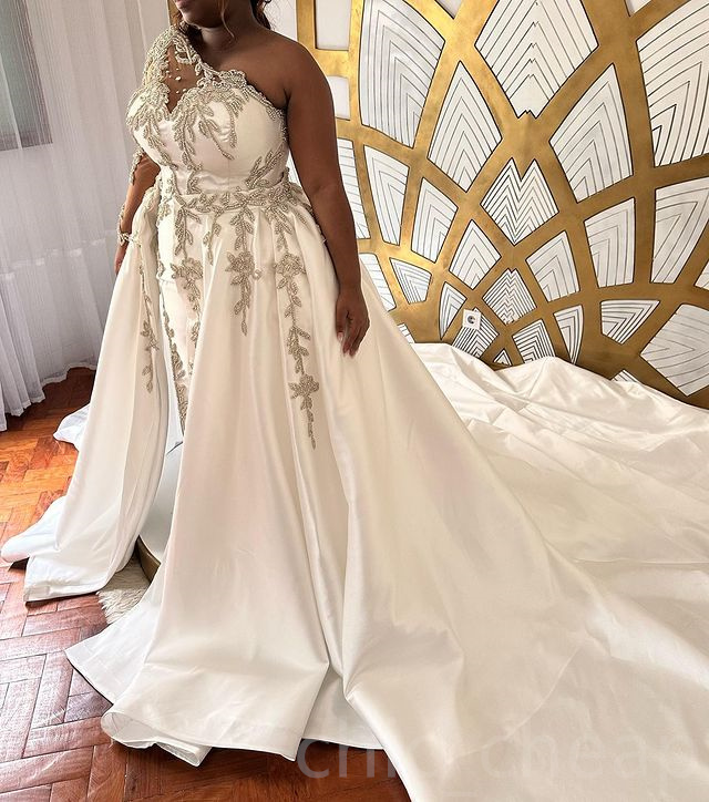 2023 arabo Aso Ebi abito da sposa monospalla in pizzo cristalli treno staccabile raso abiti da sposa di lusso abiti ZJE304