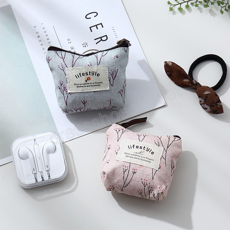 Mini Coin Purses Flower Pattern Lady Girls Canvas Zipper Pouch Data Cable Earphone Sanitary Cotton Bag Wallet Storage Bag