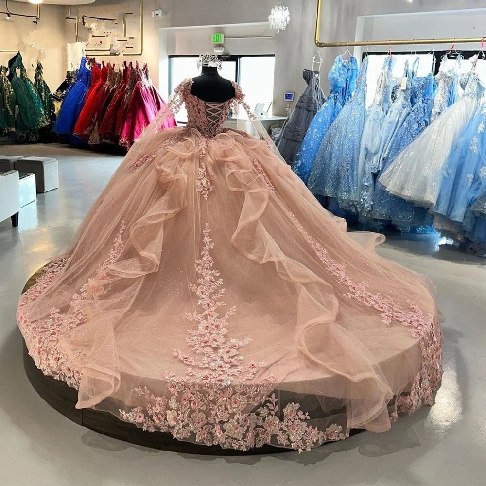 Princesse rose robes de Quinceanera avec cape 3D fleur appliques à lacets corset cendrillon bal anniversaire doux 16 robe