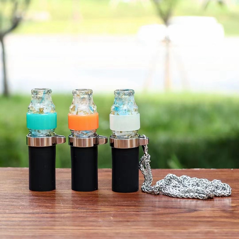 Latest Smoking Colorful Resin Glow In Dark Filter Silicone Hose Mouthpiece Tips Portable Steel Necklace Pendant Hookah Shisha Handle Cigarette Holder DHL