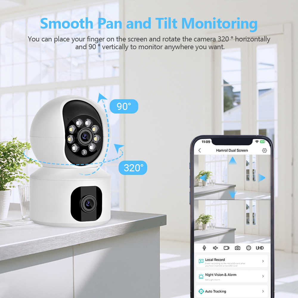 Caméras embarquées 4MP Caméra WiFi à double objectif Moniteur bébé à double écran Suivi automatique Vision nocturne Intérieur Mini PTZ Surveillance de sécurité Caméra IP