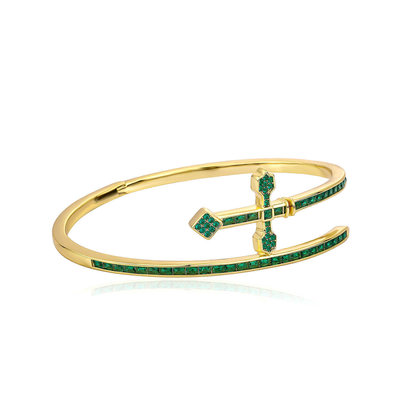 Sword of Justice Symble Open Cuff Bangle Armband ins hip Hop Cross Green Purple Color Shiny AAA CZ Stone Shiny Cubic Zirconia Real Gold Plated Jewelry Bijoux för killar