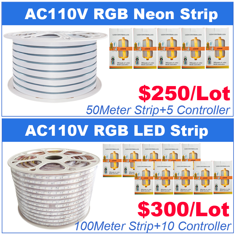 AC 110-120VフレキシブルRGB LEDストリップライト、60 LED/M、防水、マルチカラー変更5050 SMD LEDロープライト +結婚式パーティーの装飾Crestech用リモートコントローラー