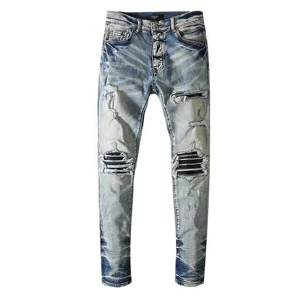 Jeans de designer Jean Amirres Denim Hommes Pantalons Nouvelle Moto Slim Droite Genou Cassé Élastique 4VCK