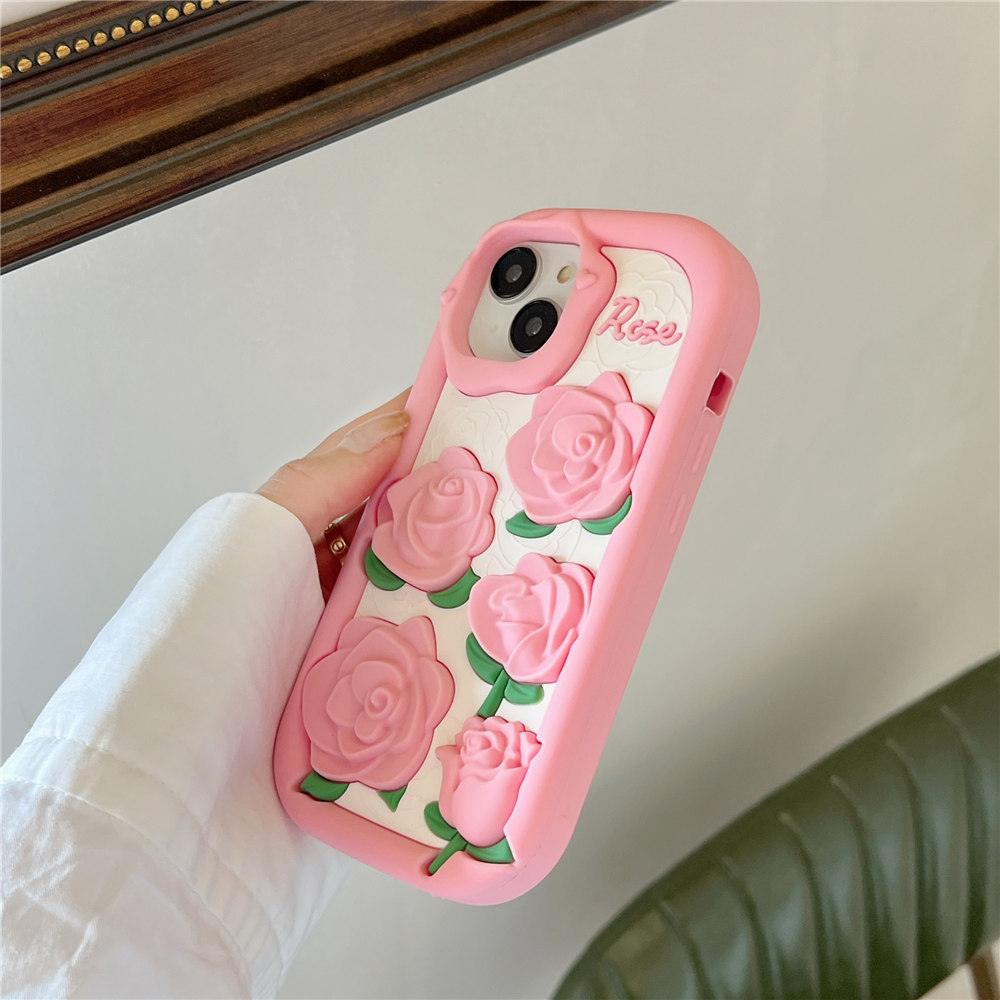 Coque Mignonne Fun 3D Rose pour iPhone 14 Pro Max 13 12 Housse en Silicone Souple