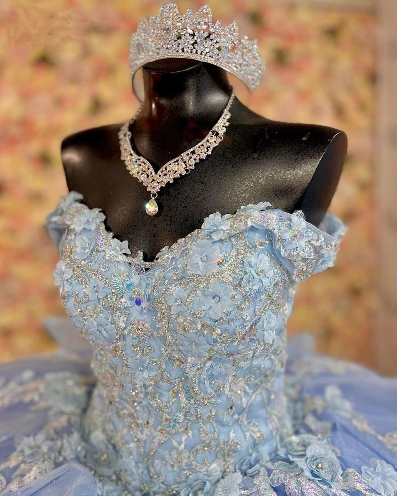 Bleu ciel clair Quinceanera robes 2023 hors de l'épaule dentelle Applique doux 16 robes perles Corset porno nin de 15 anos