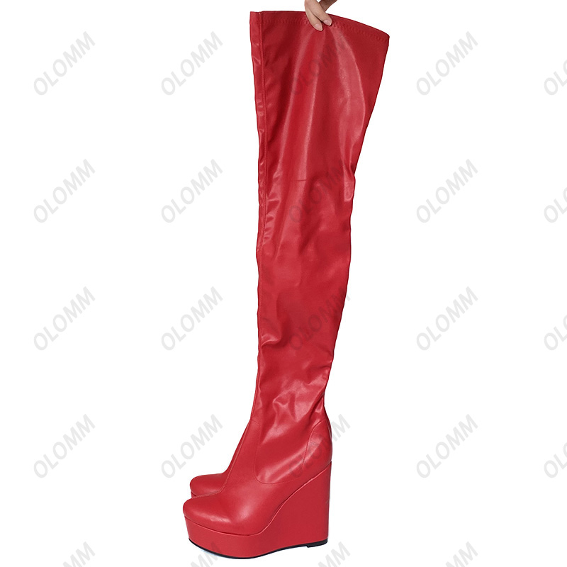 Olomm handgemachte Damen Plateau-Stretch-Oberschenkelstiefel mit Keilabsatz und runder Spitze, hübsche rote schwarze Schuhe für Damen, Übergröße, US-Größe 5–20