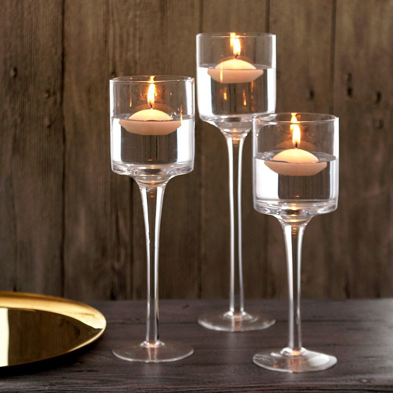 Klarglas-Teelicht mit langem Stiel, Glaskristall-Teelicht, schwebende hohe Kerzenhalter, 3-teiliges Set, Tischdekoration für die Heimdekoration bei Hochzeiten