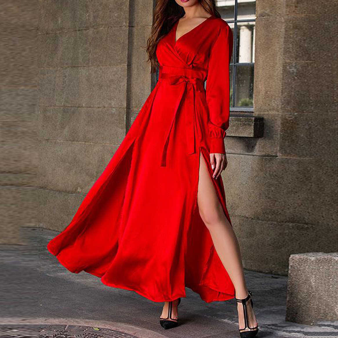 Modna elegancka solidna kolorowa suknia bankietu Sprężyna i jesień seksowna głębokie szwanie szyi Slit Nieregularny długi 230508