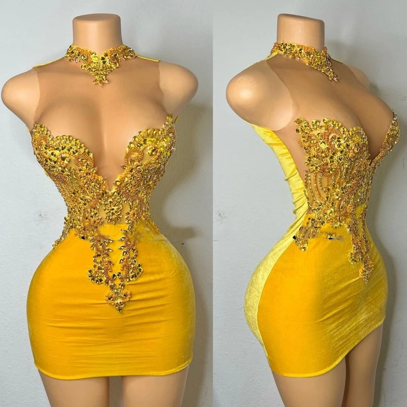 Elegant Yellow Party Dresses For Women 2024 Beading Sequin High Neck Short Prom Gowns Velvet Abiti Da Cocktail