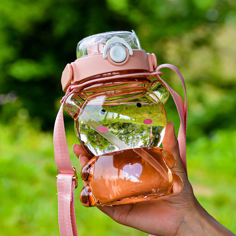 Dziecko urocze żaby niedźwiedzia butelka z wodą przenośne duże, przezroczyste sportowe butelki z wodą ze słomką i paskiem podwójnie napój plastikowy kubek słomy