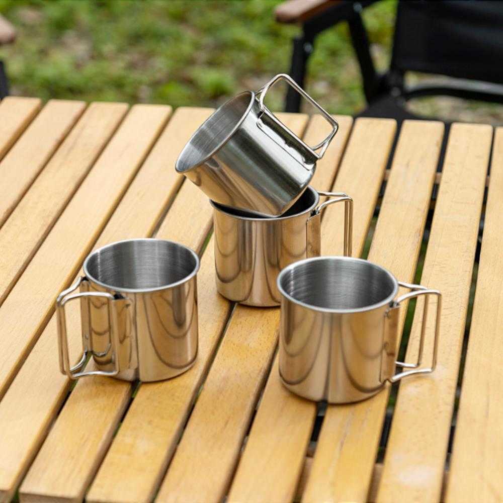 250/350/500 ml 304 bouteille d'eau en acier inoxydable Portable Camping tasse avec poignée pliable tasse extérieure pour randonnée pique-nique Drinkware