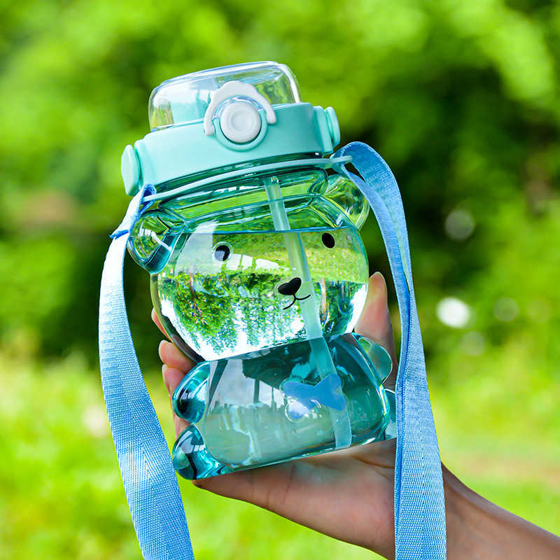 Bouteille d'eau pour enfant, mignon, grenouille, ours, grande bouteille d'eau de Sport transparente, Portable, avec paille et sangle, Double boisson, tasse en paille en plastique, nouvelle collection