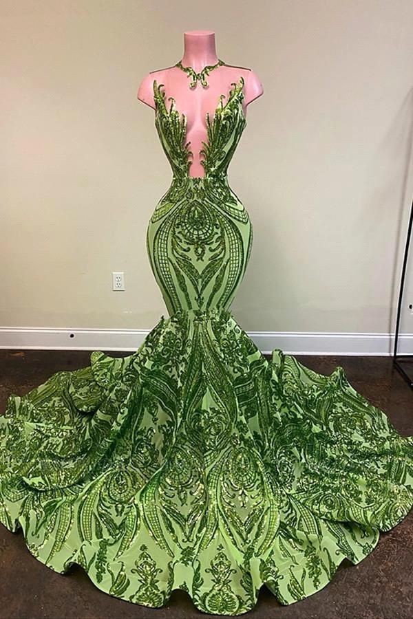Luxury Green Plus Size Mermaid Evening Dresses O Neck Illusion Lace Applique Deep V Neck Formal Wear Celebrity Birthday Second Reception Special Occasion Prom Dress