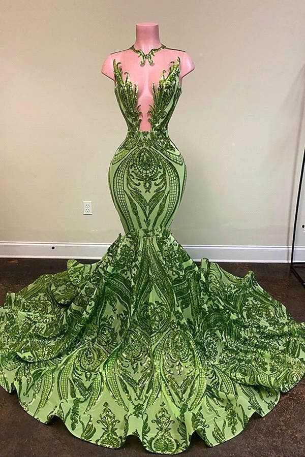 Luxe Vert Plus La Taille Sirène Robes De Soirée O Cou Illusion Dentelle Applique Col En V Profond Tenue De Cérémonie Anniversaire De Célébrité Deuxième Réception Robe De Bal Occasion Spéciale