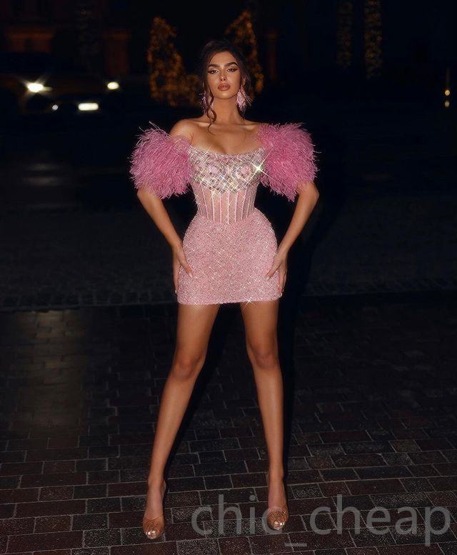 2023 May Aso ebi Crystals Tradual Treed Dress Dression Pink Feather Gheath Short HomeComing Party Club Evening Prom Brand Birthday Cocktail Drons Zj02
