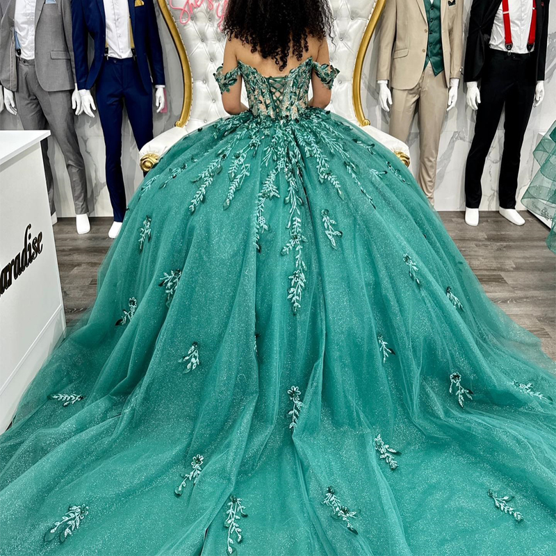 Verde salvia fuera del hombro Sin mangas Cariño Vestidos de quinceañera Apliques Rebordear de encaje Vestido de fiesta brillante Fiesta de cumpleaños de niña Vestido de fiesta