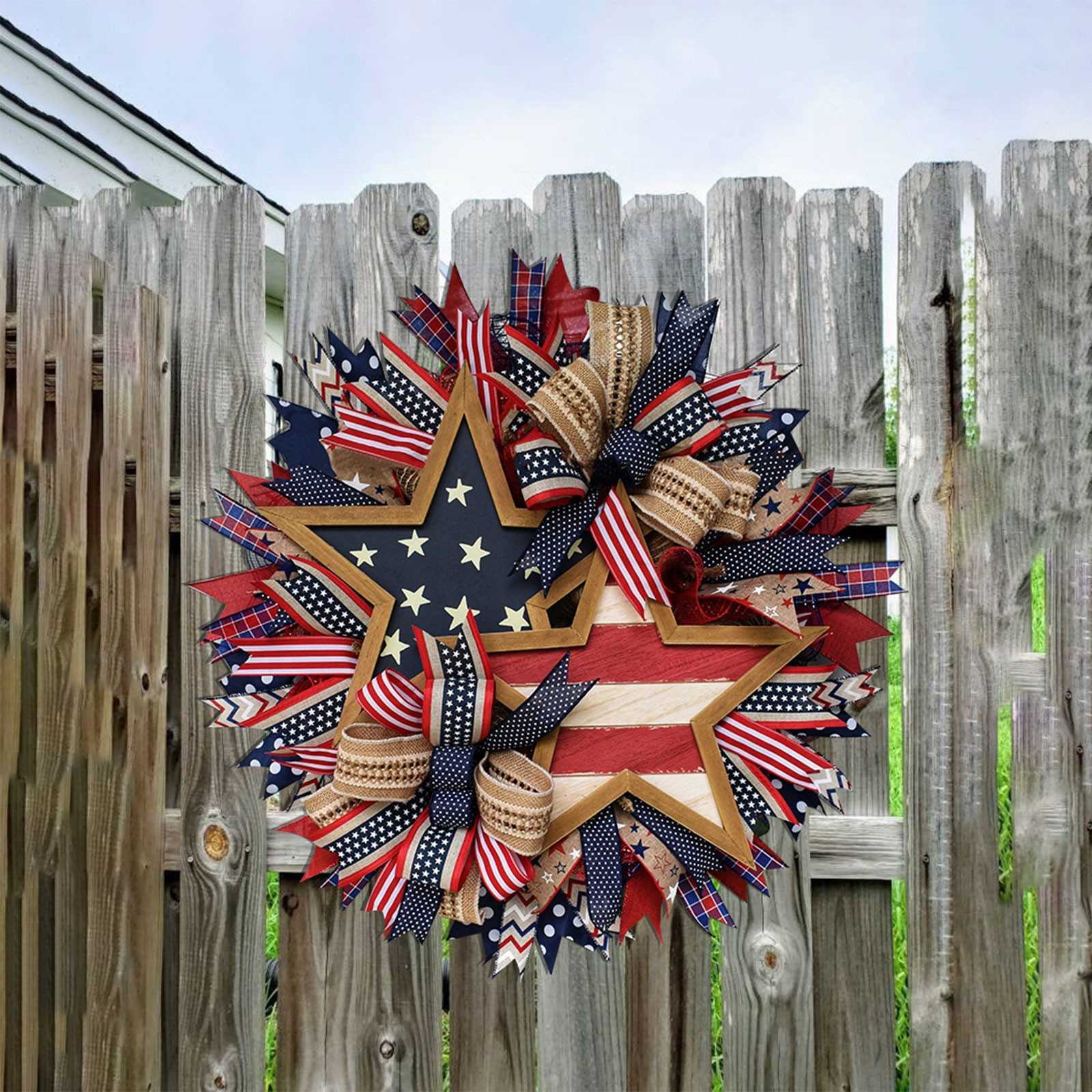 Decorative Flowers Wreaths American patriotic star welcome wooden crafts sculpture pendant wreath christmas bow football wreaths for front door P230512