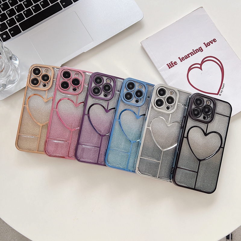 キラキラグラディエントハートラブiPhone 15 14 Plus 13 Pro Max 12 11 Fashion Luxury Soft TPU Lover Fine Hole Clear Metallic Plating Phone Back Cover