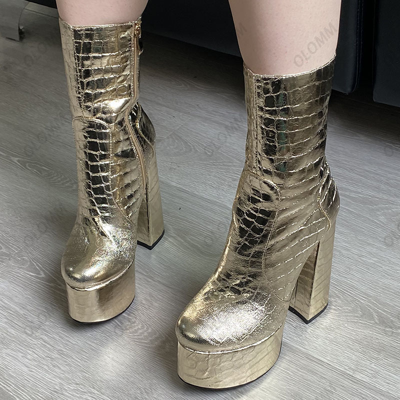 Olomm Women Winter Platform Ankle Boots Stone Side Zipper Block Heels Round Toe Black Gold Silver Club Shoes Plus US Size 5-10.5