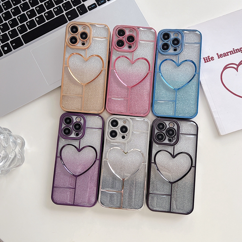 Bling Glitter Dégradé Coeur Amour Chromé Cas Pour Iphone 15 14 Plus 13 Pro Max 12 11 Mode Luxe Doux TPU Amant Fine Trou Clair Placage Métallique Couverture Arrière De Téléphone