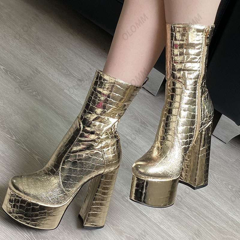 Olomm Women Winter Platform Ankle Boots Stone Side Zipper Block Heels Round Toe Black Gold Silver Club Shoes Plus Usサイズ5-10.5