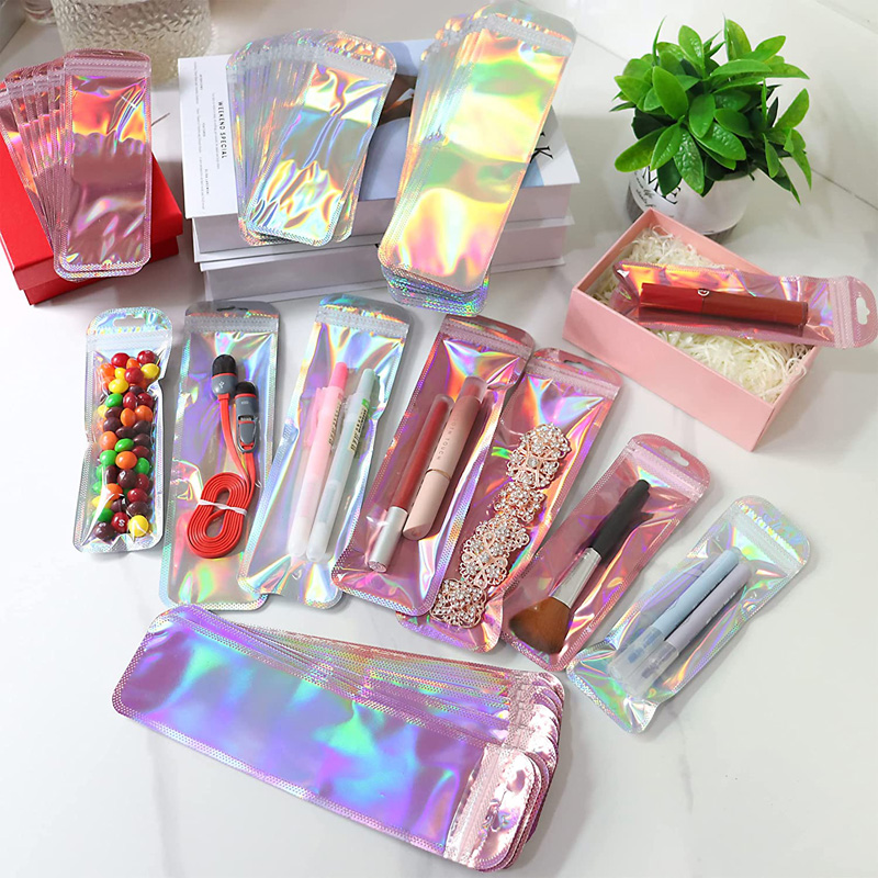 Resealable Holographic Bags Aluminum Foil Bag Long Jewelery Plastic Bags Foil Self seal Bags For Pen Lip Eyelash Jewelry LX5595
