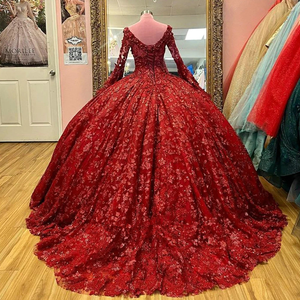 Burgundy Glitter Papinik Kristal Quinceanera Elbiseler Kabarık etek Uzun Kollu 3d Çiçek Dantel-up Korse Vestidos De XV Anos