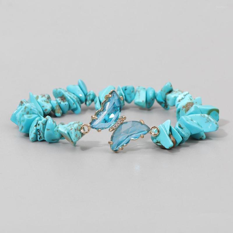 Strand Women Fashion Blue Butterfly Bracelet Summer Beach Natural Stone Chip Elastic Rope Sweet Girl Party Gift Drop