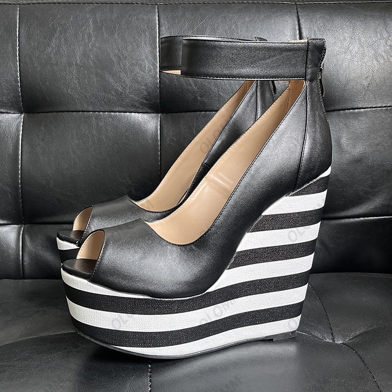 Olomm Handmade Women Platform Stripped Pumps Ankle Strap Wedges Heels Peep Toe Party Shoes Women Plus US Size 5-20