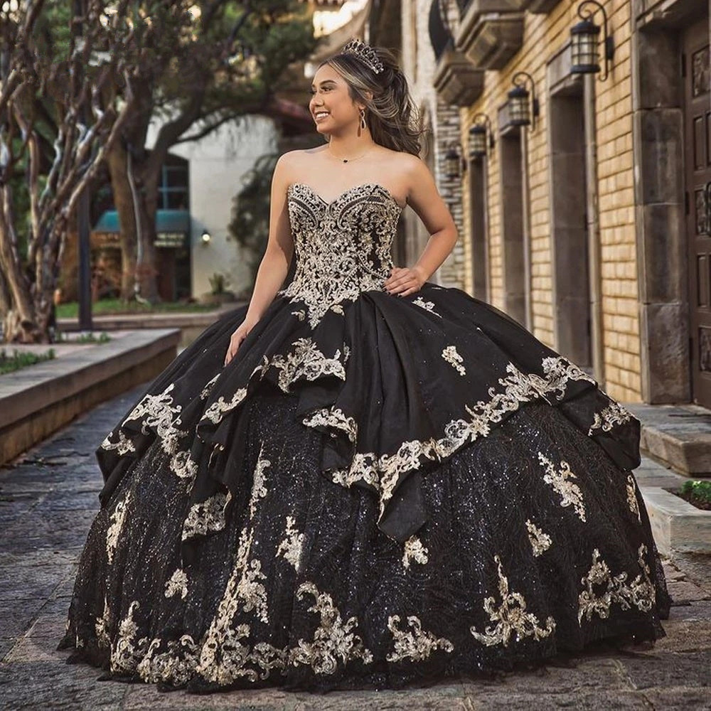 Schwarze Quinceanera-Kleider, Perlen, Pailletten, Applikationen, Prinzessin, Abschlussball, süßes 16-Kleid, Schnürkorsett, Vestidos de 15 Jahre