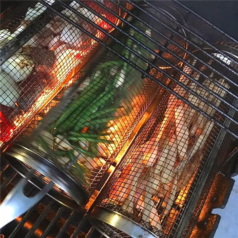 Stainless Steel BBQ Basket Mesh Barbecue Rack Cage Net Grate Rolling Cylindrical Grill Picnic Camping Cookware Kitchen Tool