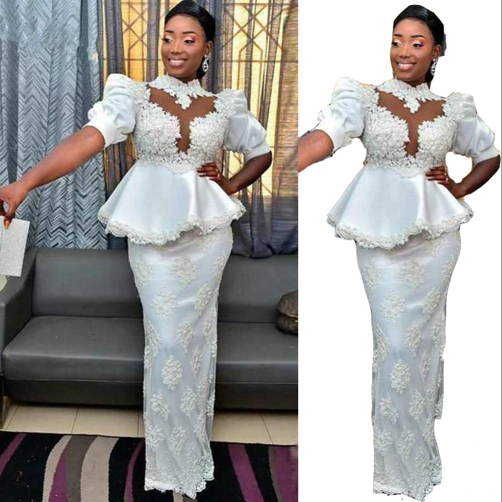 2023 Vintage Evening Dresses Wear Half Sleeves High Neck Lace Appliques Beads Peplum Sheath White Prom Gowns Special Occasion