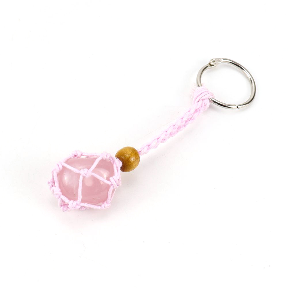 Natural irregular Stone Wax Rope Keychain Keyring Amethyst Rose Quartz Crystal Healing Stone Net Bag Key Ring